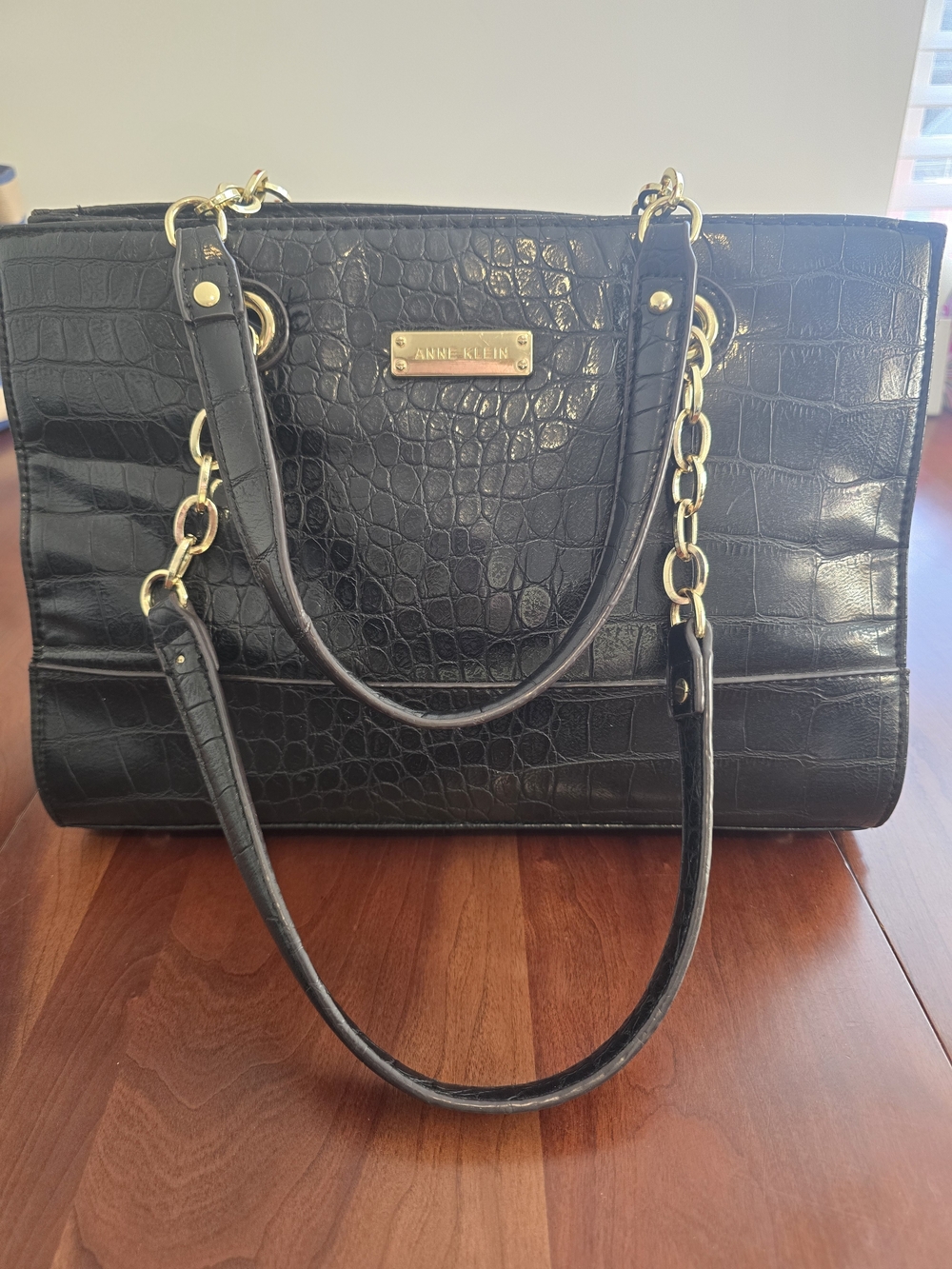 Anne Klein Black Croc-Embossed Shoulder Bag with Gold Accents, New Without Tags!